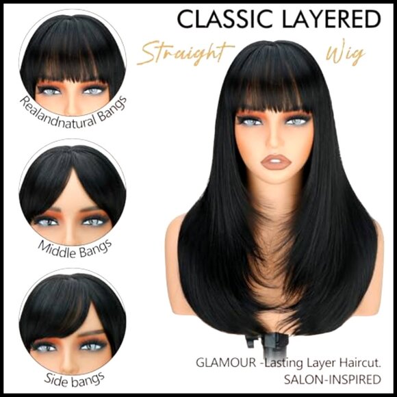 Straight Layered Wig with Bangs Realistic Scalp Heat Resistant Synthetic